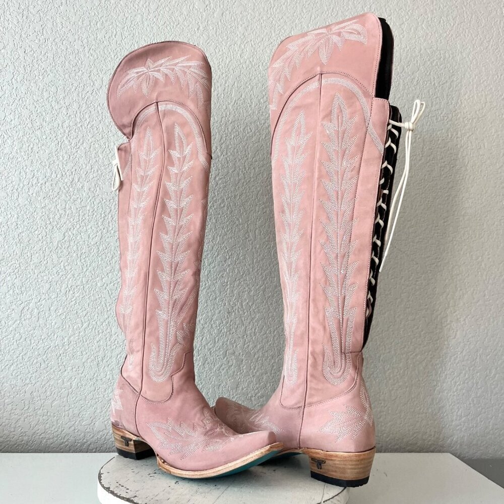 Blush Pink Over-the-Knee Suede Boots with Embroidered Stitching